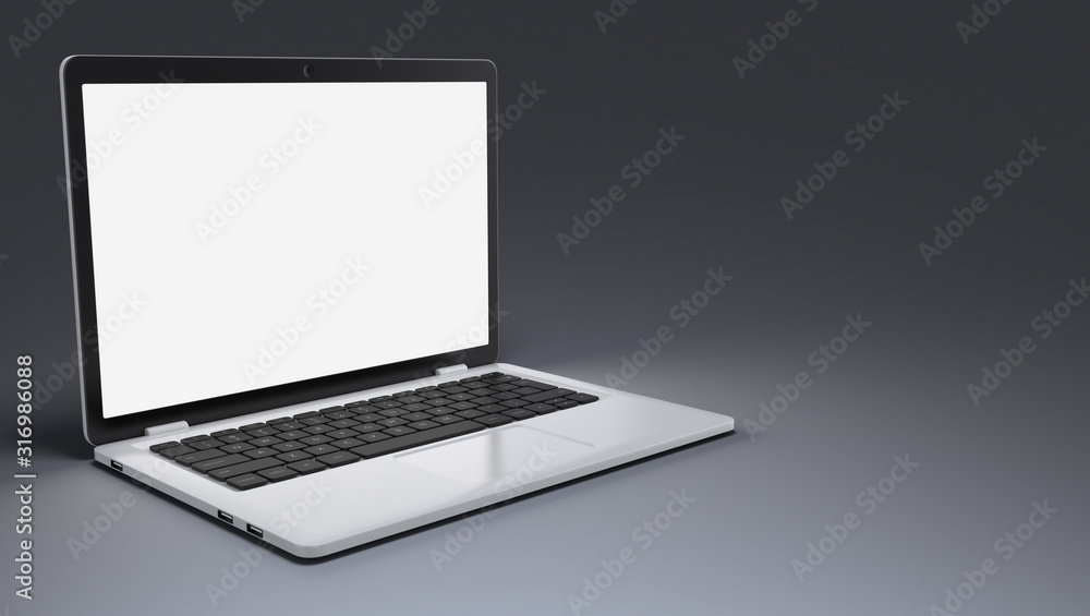 Blank screen notebook, laptop on a gray background. 3d render Blank screen notebook, laptop on a gray background. 3d render