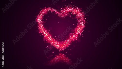 Valentines day festive and luxury heart 3D illustration. Bright and vibrant glittering particles form a glowing heart shape with sequins. Bright red and colorful love and romance holiday background