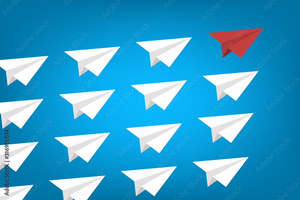 Red Paper Airplane Leading White Paper Airplanes. Leadership Concept With Paper Planes. Red Paper Airplane Leading White Paper Airplanes. Leadership Concept With Paper Planes.