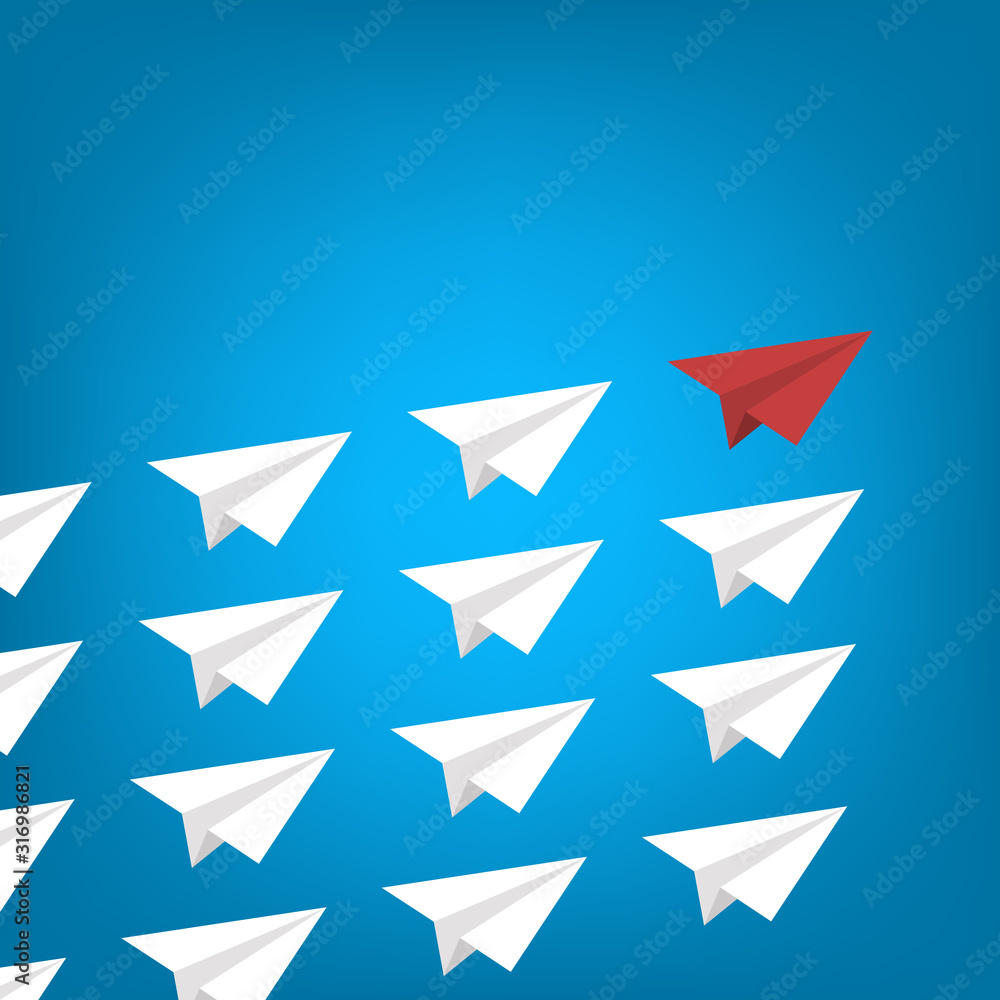 Red Paper Airplane Leading White Paper Airplanes. Leadership Concept With Paper Planes. Red Paper Airplane Leading White Paper Airplanes. Leadership Concept With Paper Planes.