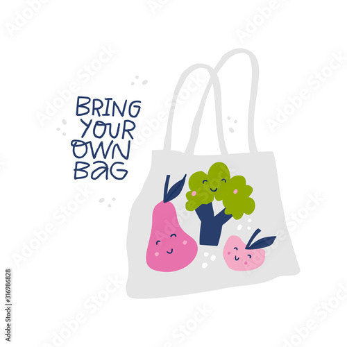 Eco canvas bag hand drawn vector illustration. Kawaii smiling pear, broccoli and apple print on cotton tote. Fresh fruits, vegetables buying. Ecology friendly shopping. Textile handbag for purchases