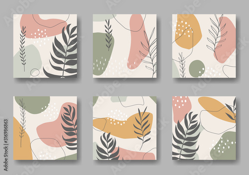 Set of six vector square backgrounds with abstract forms and leaves ornament