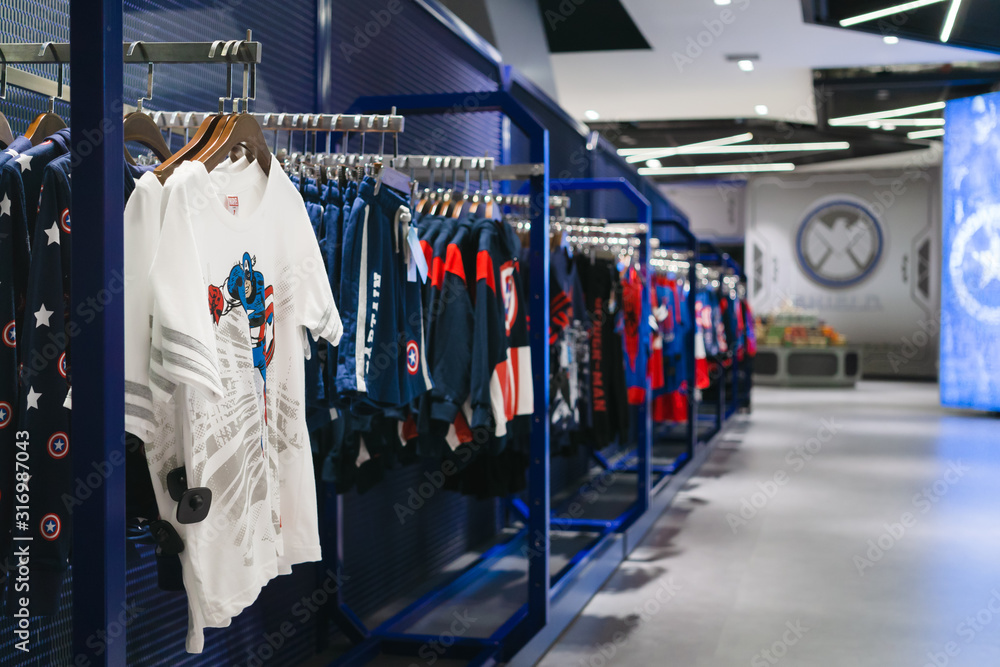 Marvel Clothes selling at The marvel shop. Stock Photo | Adobe Stock