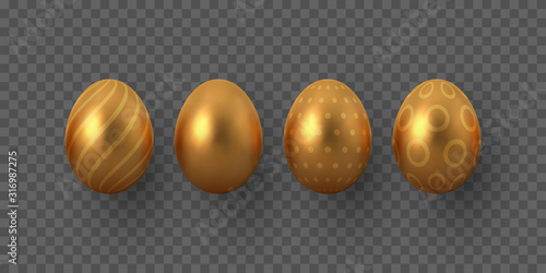 Vector golden Easter eggs with geometric pattern. Realistic metallic decorative elements for Easter holidays. Isolated on transparent background. © ludmila_m