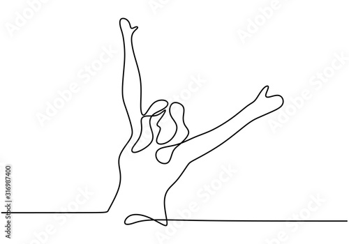 Continuous one line drawing of woman rising hands up feeling happy and freedom. Cute girl feel free and young minimalism design isolated on white background.
