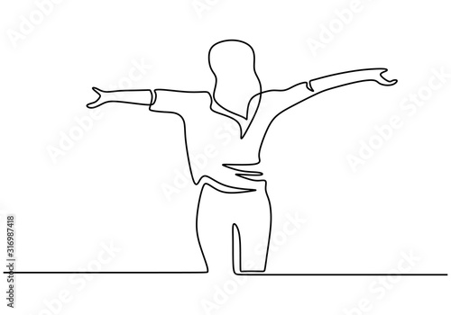 Continuous one line drawing of woman standing and rising hands. portrait of girl feeling freedom and fresh.