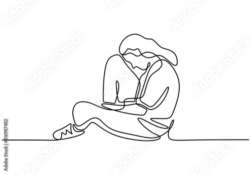 Sad girl one line drawing minimalism design. Vector illustration continuous hand drawn of woman feeling desperate.