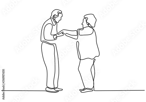 Continuous one line drawing of romantic couple. Old grandfather and grandmother. Parents people with love. Minimalism vector illustration hand drawn.
