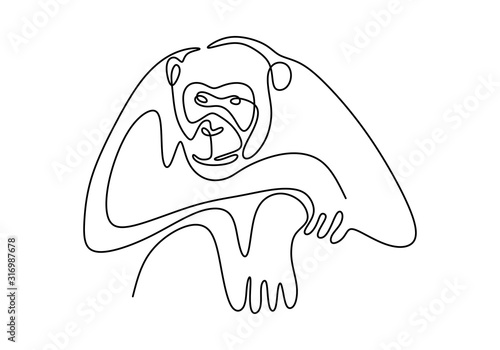 Tableau sur toile one line monkey drawing. Vector animal chimpanzee.
