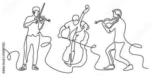 Classical musicians one line drawing. Minimalism vector illustration of cello, violin player. Single hand drawn sketch vector illustration. Contour linear design isolated on white background.