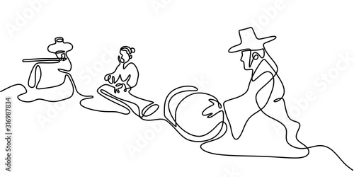 Continuous line drawing of people with Gayageum or Kayagum, is a traditional Korean zither-like string. One hand drawn sketch of korean music performance.