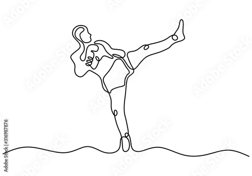 Kick boxing one line drawing. Person kick to the air. Continuous single hand drawn sport athlete. Contour sketch minimalism style.