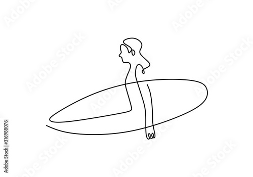 surfer girl one line drawing. Continuous single hand drawn sketch minimalism. Artistic and simplicity design of woman holding surf board.