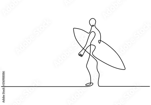Person walking with surf board. Surfing sport theme. Summer break and vacation minimalism vector illustration isolated on white background.