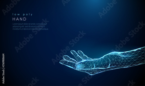 Abstract giving hand. Low poly style design.