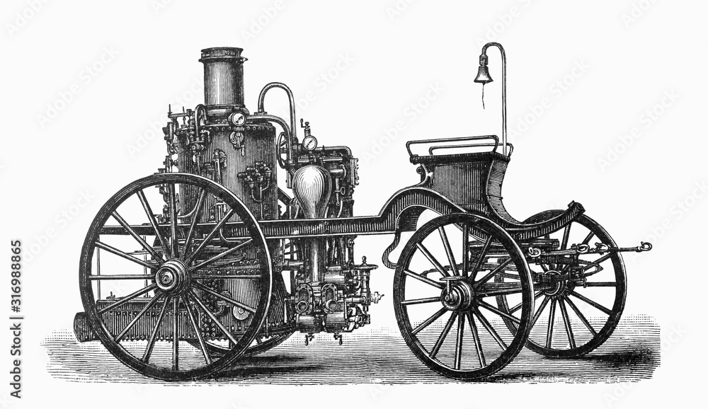 Fototapeta premium Old fire brigade car - fire truck old Antique illustration from Brockhaus Konversations-Lexikon 1908