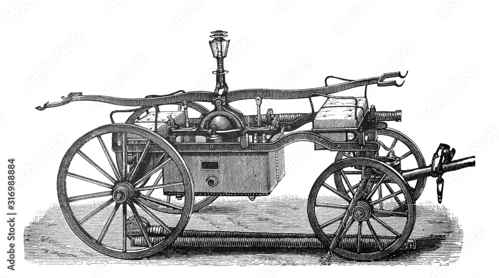 Fototapeta premium Old fire brigade car - fire truck old Antique illustration from Brockhaus Konversations-Lexikon 1908