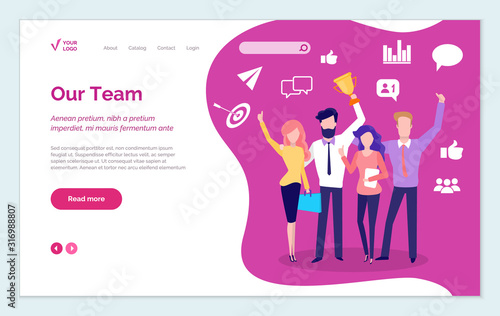 Successful team presentation, victorious teamwork and achievement of people working together. Personages with golden trophy. Man and woman with cup. Website or webpage template, landing page vector