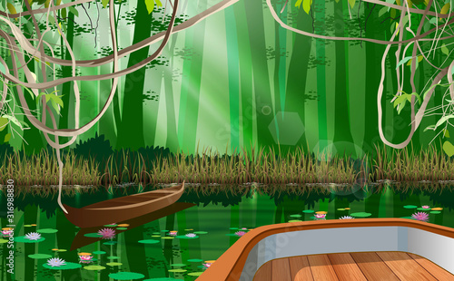 wooden boat on the river in the forest