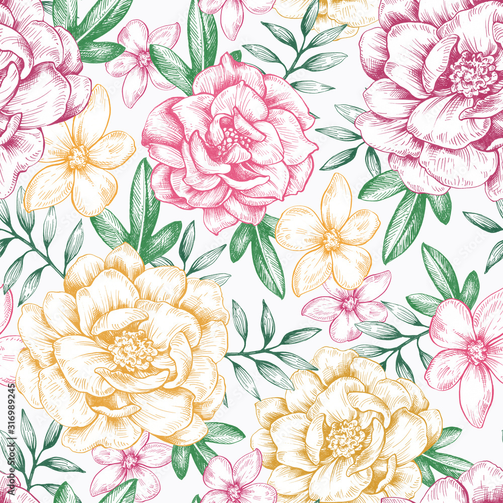  Illustration of graphic flowers and leaves. Seamless pattern for wallpaper and fabric design.