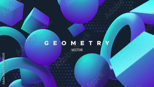 Abstract geometric background. Vector minimal illustration. Primitive bright gradient shapes textured with halftone pattern. Creative cover design. Architectural poster concept
