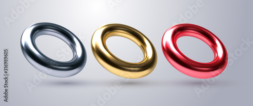 Realistic torus shapes. Vector geometric illustration. 3d multicolored metallic rings collection. Geometric primitives. Decoration elements for minimal cover or poster design