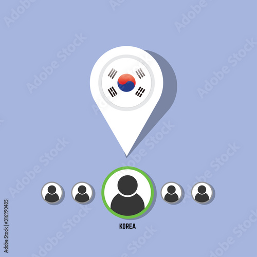 Icon pin illustration with Korea country flag stylized in the circle