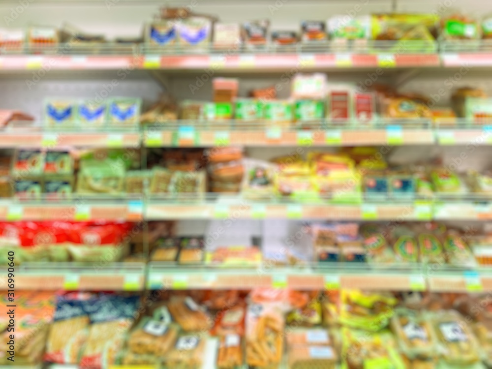 Supermarket defocused blurred background. Grocery, shelves with products