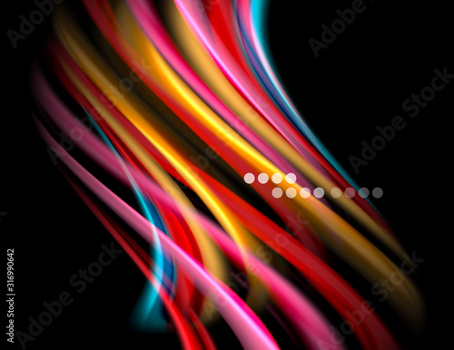 Silk smooth lines on black, liquid fluid color waves. Vector Illustration