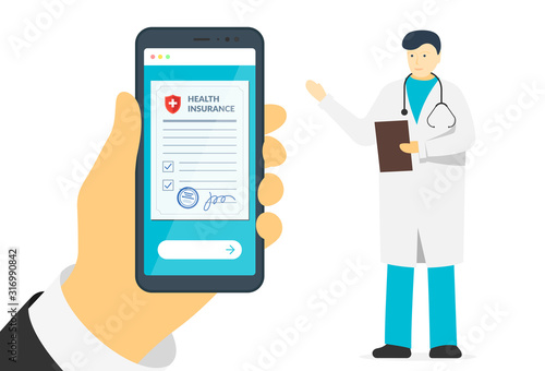 Patient hand holding smartphone with health insurance policy form and male doctor. Online signs agreement protection document on mobile screen. Make deal medicine compensation legal vector contract