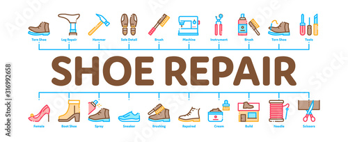 Shoe Repair Equipment Minimal Infographic Web Banner Vector. Shoes Repair Tools And Scissors, Sewing Machine And Hammer, Cream And Brush Concept Illustrations