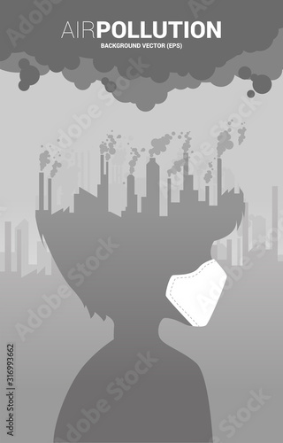 Silhouette boy head with mask and smoke from city and factory. Concept for Air pollution and environment crisis.