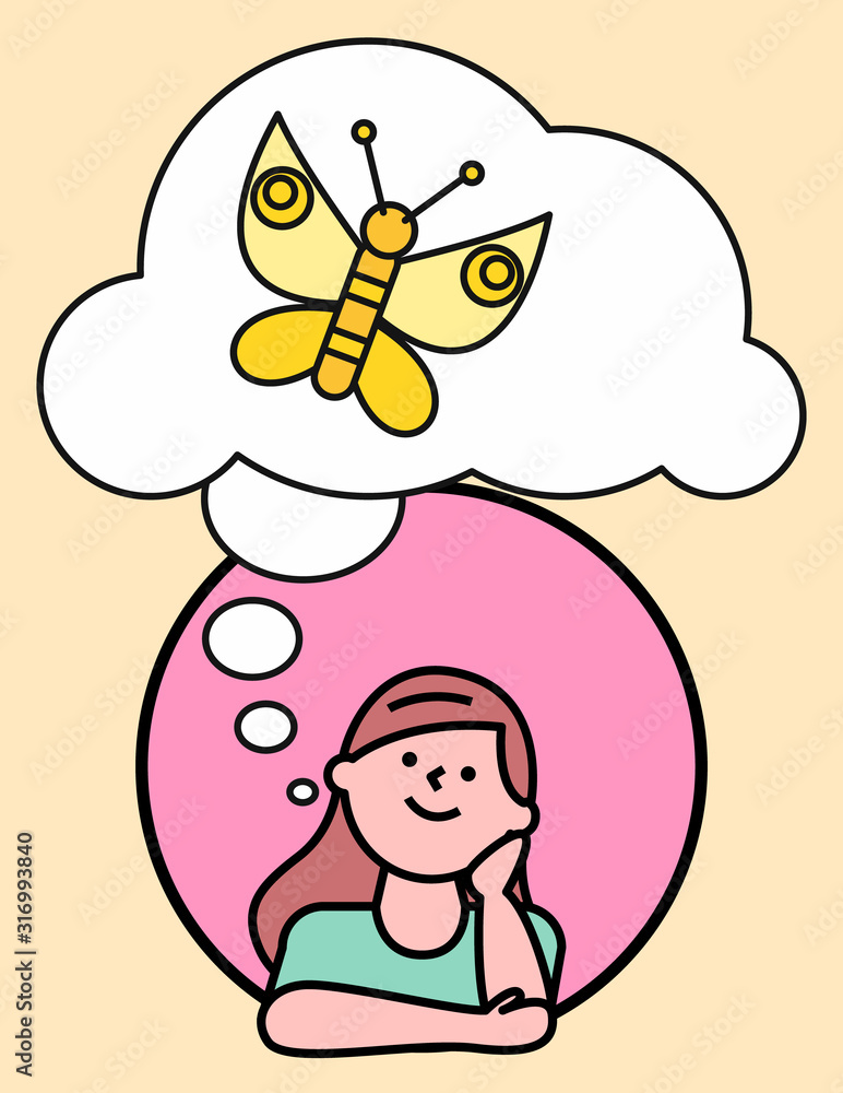 Leisure of girl thinking about flying butterfly. Avatar portrait view of female with hand near face looking at bubble icon with flying cartoon character. Kid in round with imagination sign vector Leisure of girl thinking about flying butterfly. Avatar portrait view of female with hand near face looking at bubble icon with flying cartoon character. Kid in round with imagination sign vector