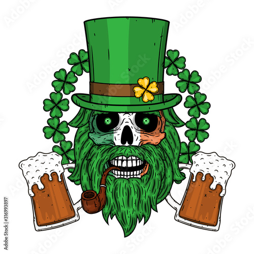 Irish skull. The skull of Saint Patrick's with green hat, glass beer and clover leaves.