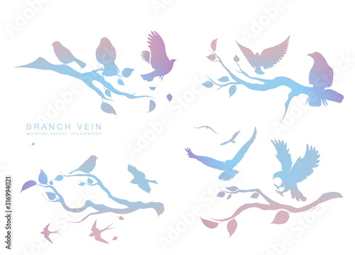 figure set multicolored flock of flying birds on tree branch