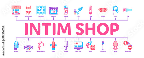 Intim Shop Sex Toys Minimal Infographic Web Banner Vector. Intim Shop Building And Internet Web Site, Collar And Handcuffs, Mask And Condom Concept Illustrations