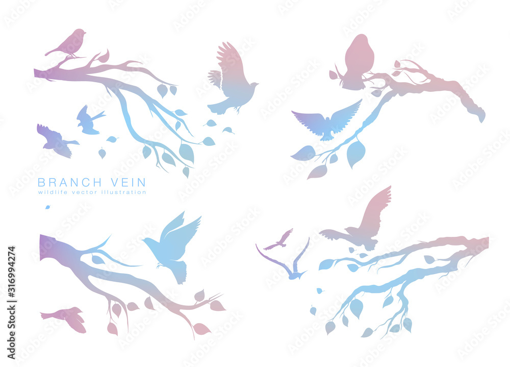 figure set multicolored flock of flying birds on tree branch figure set multicolored flock of flying birds on tree branch
