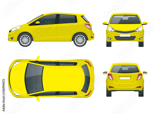 Subcompact yellow hatchback car. Compact Hybrid Vehicle. Eco-friendly hi-tech auto. Easy color change. Template vector isolated on white View front, rear, side, top