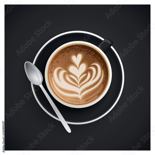 Cappuccino cup with hearts design on top. Coffee cup, vector illustration.