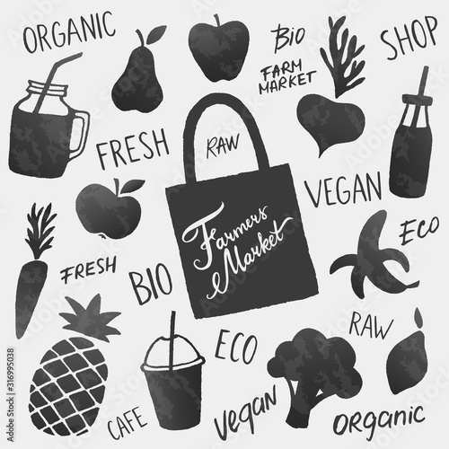 Vector healthy food icons shapes and lettering set. Fruits, vegetables and smoothies
