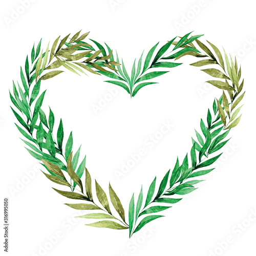 Heart shape border frame of bright green exotic tropical jungle rainforest palm tree and monstera leaves. Love feelings