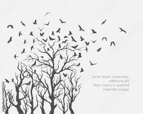figure set flock of flying birds on tree branch