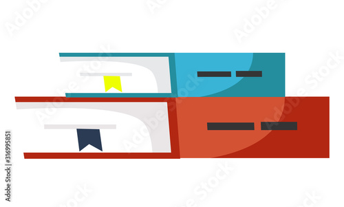 Books educational symbol with bookmark isolated on white. Restaurant or cafe colorful element for reading. Creative idea with paper symbol in hardcover. Notebook object for information vector