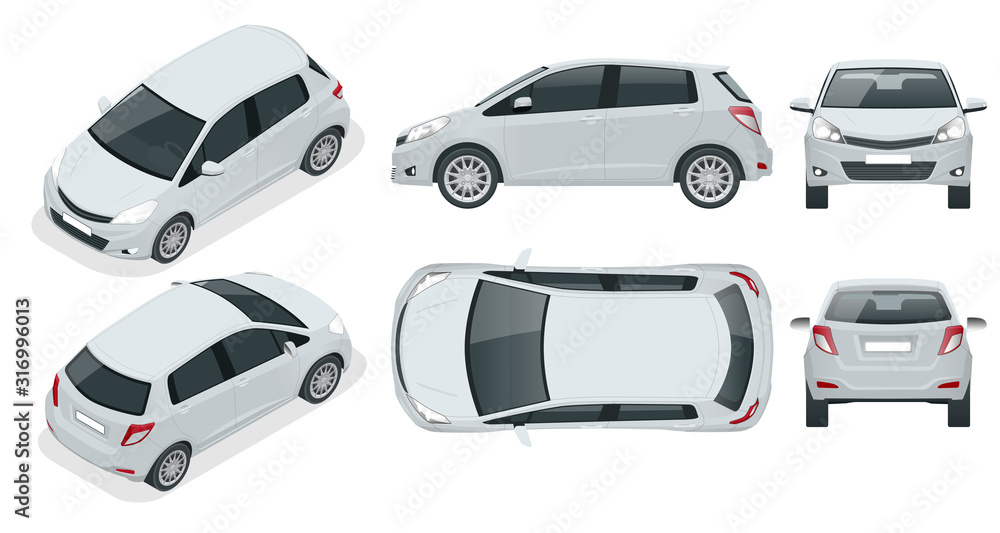 Subcompact hatchback car. Compact Hybrid Vehicle. Eco-friendly hi-tech auto. Easy color change. Template isolated on white view front, rear, side, top and isometric Subcompact hatchback car. Compact Hybrid Vehicle. Eco-friendly hi-tech auto. Easy color change. Template isolated on white view front, rear, side, top and isometric