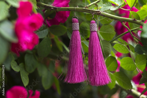 Beautiful pink earrings made of threads with beads hang on a branch of a blooming rose. Creativity, fashion, background © lyudmilka_n