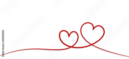 Valentines day. Continous line heart shape border with painted heart on white background. Valentines day, marriage, mother day, love concept.