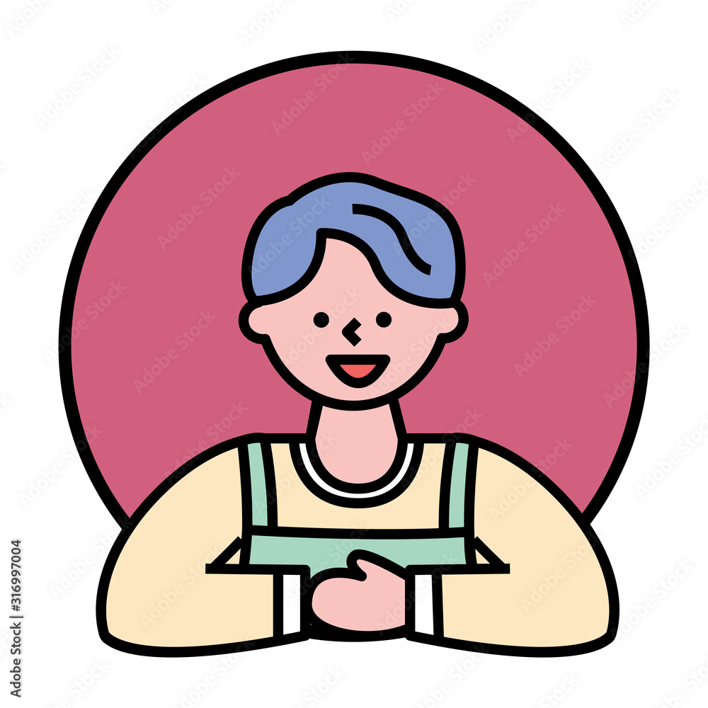 Boy in red circle with thin line border. Young man look straight and smile. Happy person posing alone, male portrait in round icon. Simple closeup drawing. Vector illustration in minimalism Boy in red circle with thin line border. Young man look straight and smile. Happy person posing alone, male portrait in round icon. Simple closeup drawing. Vector illustration in minimalism