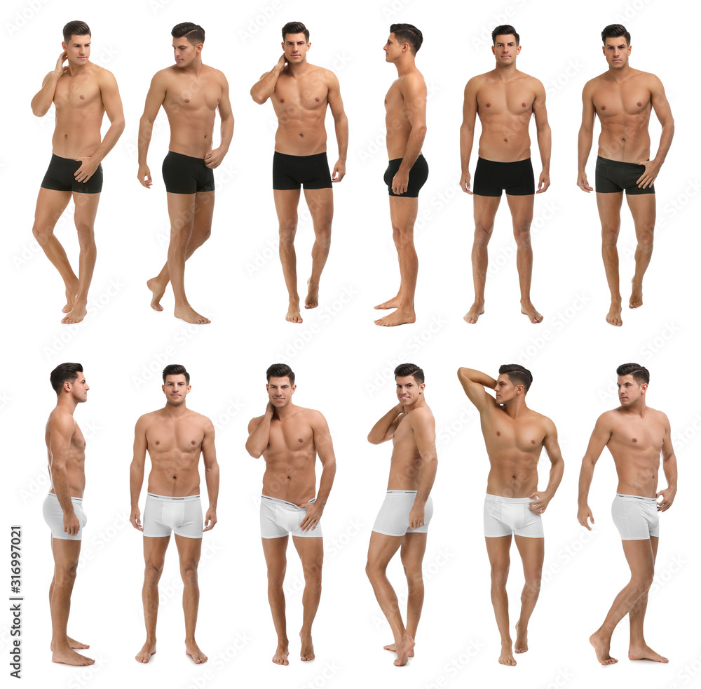 Collage of man in underwear on white background - obrazy, fototapety, plakaty 