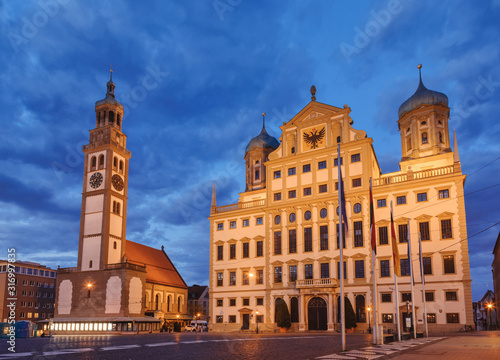 Perlach Tower and Town Hall at Rathausplatz Augsburg Swabia Bavaria Germany