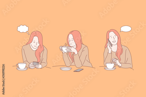 Communication, addiction, speech bubble, social media set concept. Woman has coffee break and waiting for call. Communication in speech bubble. Girl is addicted to social media. Simple flat vector